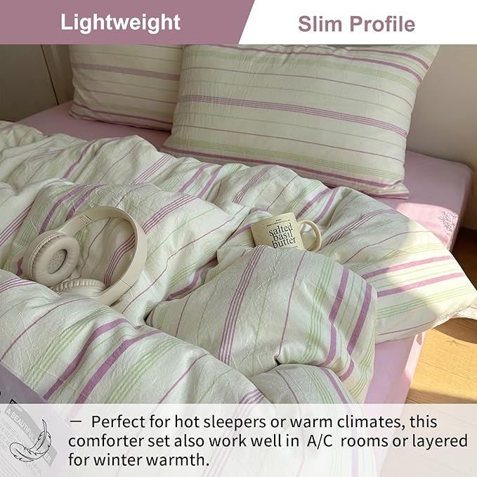 EAVD Vintage Striped Comforter Set King Soft Cotton Retro Purple&Green Vertical Striped Bedding Set with 2 Pillowcases Boho Geometric Pattern Comforter Set for All-Season Breathable Lightweight
