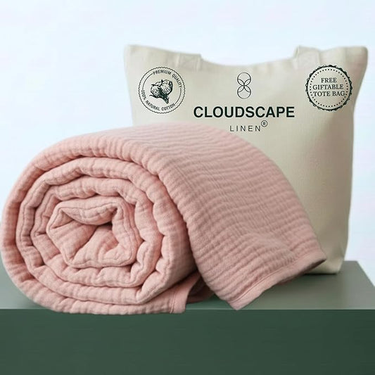 CLOUDSCAPE 100% Cotton Muslin Blanket Twin Size, 4 Layer Oversized 68x92 Fits Twin XL Bed, Soft Breathable, Lightweight, Summer Blanket for Adults, Perfect Spring Gift for All Season - Seashell Pink