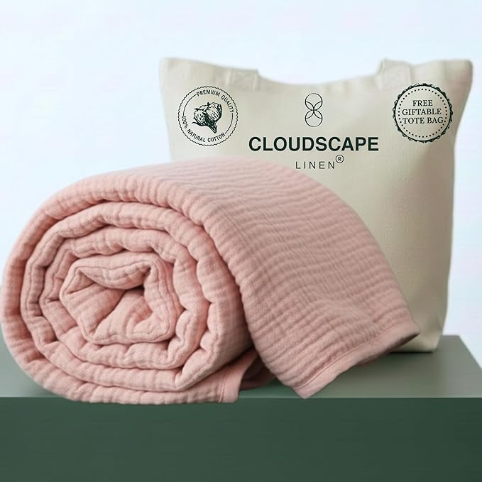 CLOUDSCAPE 100% Cotton Muslin Blanket King Size for Bed - Oversized 4 Layer 108x92 Fits Upto Cal King Bed - Soft Breathable, Lightweight, All Season, Summer Gauze Blanket for Adults - Seashell Pink