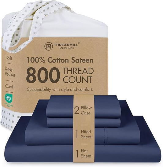 Threadmill Luxury 800 Thread Count Queen 100% Cotton Sheets - Folkstone Blue Sateen Weave Bed-Sheets, Better Than Egyptian Cotton,4 Pc Solid Soft Bed Set, Fits 16" Deep Pocket