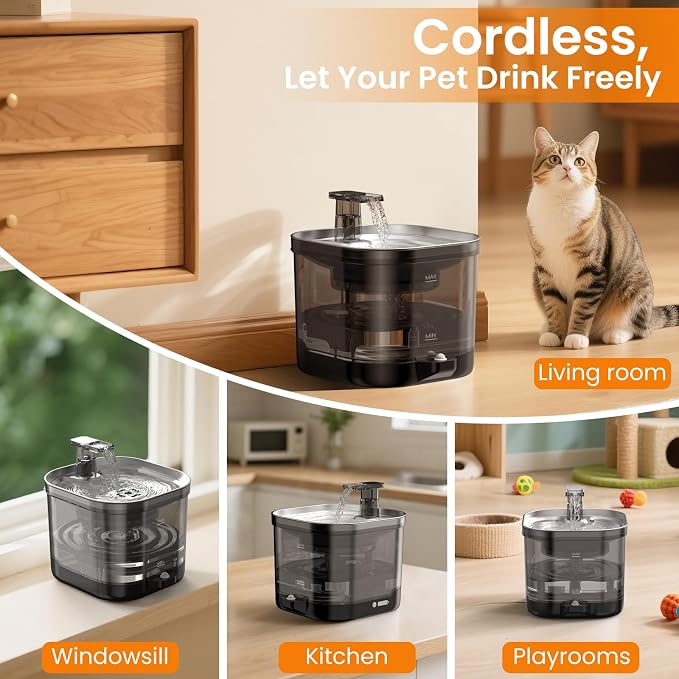 Accokids Wireless Cat Water Fountain Cordless with External Pump, 68oz Rechargeable Automatic Pet Cat Fountains for Drinking with Motion Sensor, Quiet Pump (3 Filter) | 68oz Cat Fountain with External Pump, Quiet Operation, 3 Filters for Clean Drinking...