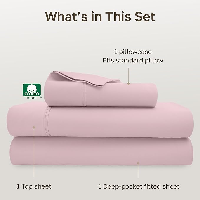 California Design Den Soft Twin Sheets Set - 400 Thread Count Sateen, 100% Cotton Sheets, Deep Pockets, and Durable Bedding Set for Dorm Rooms & Adults - Pink