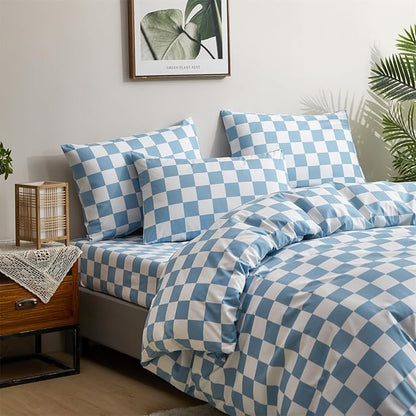 CLOTHKNOW Blue White Plaid Comforter Set Twin Grid Bedding Sets Kids Comforter Soft Light Blue Comforter Sets Twin with 2 x Pillow Cases