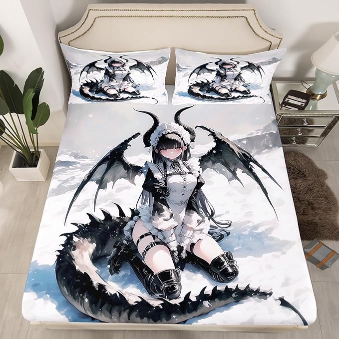 Erosebridal Anime Girl Bed Sheets Queen, Japanese Anime Bedding Set for Kids Girls Teens Women Bedroom, Cartoon Girl Fitted Sheet Japanese Animation Sci Fi Style Sheets,2 Pillow Cases