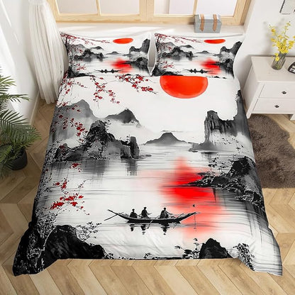 Feelyou Japanese Theme Bedding Set Toddle Size Cherry Blossom Duvet Cover for Adult Kids Boys Girls Watercolor Comforter Cover Set Natural Landscape Bedspread Cover 2Pcs Zipper
