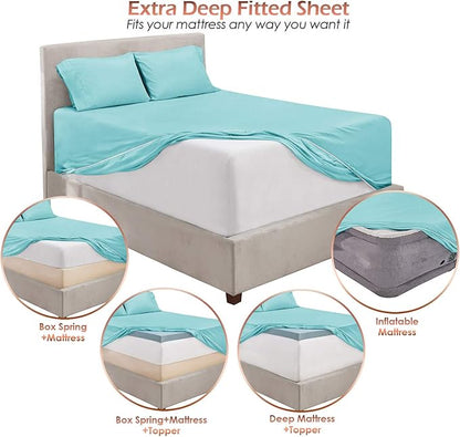 Hearth & Harbor Extra Deep Pocket Queen Sheets Sets - Fits Mattress 18-24 Inches Deep - Extra Deep Pocket Sheets - 6 Piece Queen Size - Aqua Blue