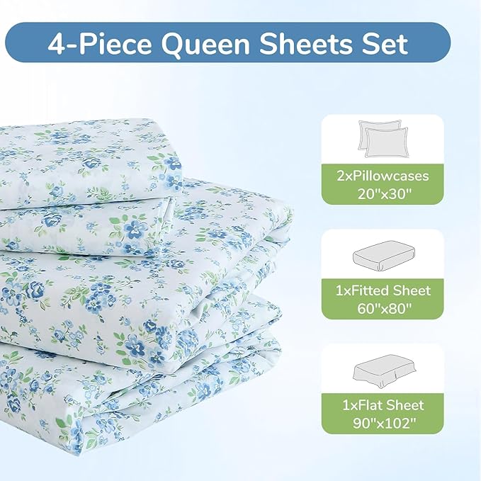 MUXHOMO Queen Size 4 Piece Sheet Set, Soft Breathable Bed Sheet Set for Bedroom with Deep Pocket Up to 16", Wrinkle-Free & Cooling Bedding for Oeko-TEX Certified - Blossoms Light Blue