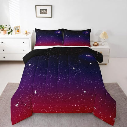Erosebridal Purple Galaxy Comforter Queen Size Moon Star Comforter Set Night Starry Sky Bedding Sets Reversible Space Nebula Cosmos Aesthetic Quilt Bedding for Kids Adults 2 Pillow Cases