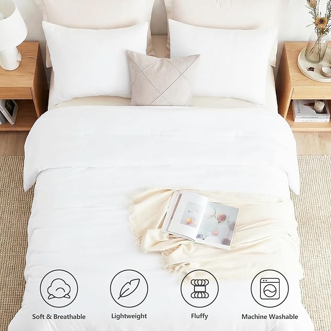 CozyLux White Queen Comforter Set, 3 Pieces Solid Breathable Quilted Boho Style Bedding Sets, Luxury Fluffy Soft Bed Set with Down Alternative Comforter for All Season (1 Comforter & 2 Pillowcases)