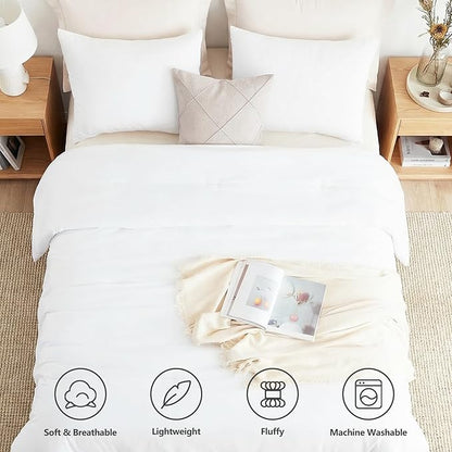 CozyLux White Queen Comforter Set, 3 Pieces Solid Breathable Quilted Boho Style Bedding Sets, Luxury Fluffy Soft Bed Set with Down Alternative Comforter for All Season (1 Comforter & 2 Pillowcases)
