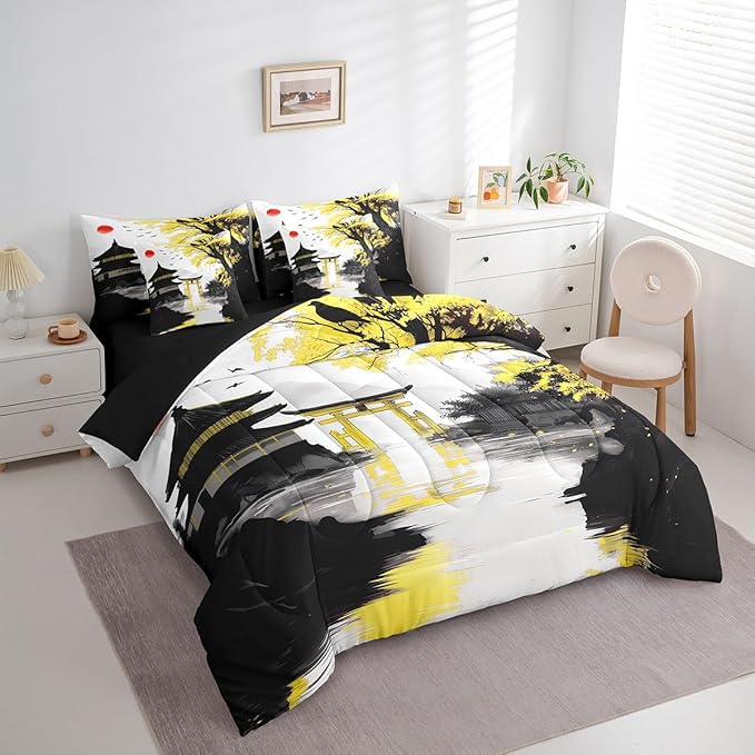 Erosebridal Japanese King Bed in A Bag with Sheets Sun Cherry Blossom Comforter Set 7 Piece Black Gold Pavilions Mountain Floral Bedding Set for Kids Adults Chinese Ink Anime Sheet Set