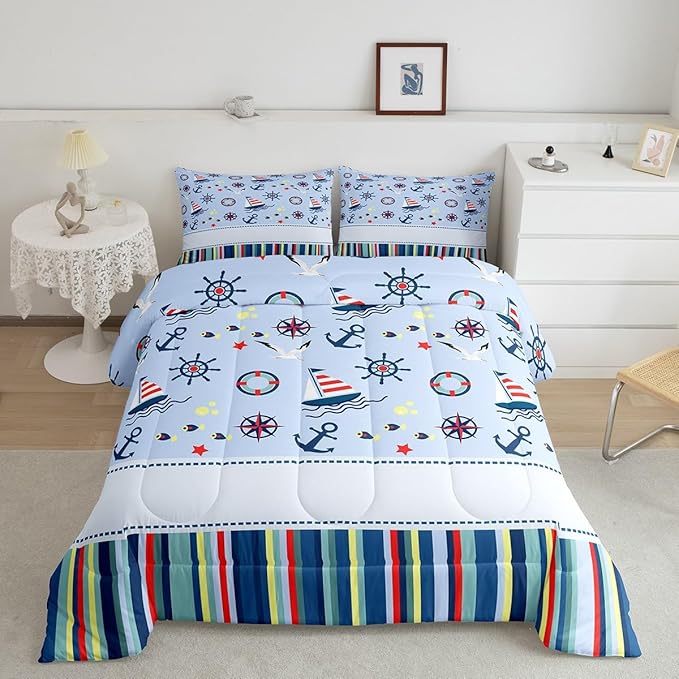 Nautical Anchor Queen Size Comforter Set,Ocean Fish Seagull Blue Down Alternative Comforter Adults Bedroom Decor,Outdoor Adventure Red Blue Stripes Ultra Soft Microfiber Inner Fill 3Pcs Bedding