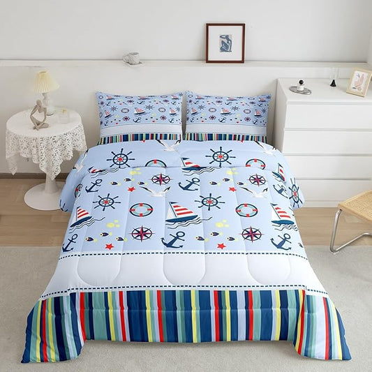 Castle Fairy Nautical Anchor Bedding Set for Boys Girls,Ocean Fish Seagull Blue All Season Cozy Comforter Set Full Size,Outdoor Adventure Red Blue Stripes Duvet Set Bedroom Décor,Gift for Kids
