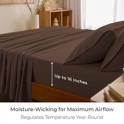 Mellanni Twin Sheet Set - 4-Piece Iconic Collection Bedding, (Including 2 Pillowcases), 16-Inch Deep Pocket, Easy Care, Extra Soft, Cooling Sheets, Brushed Microfiber - Brown