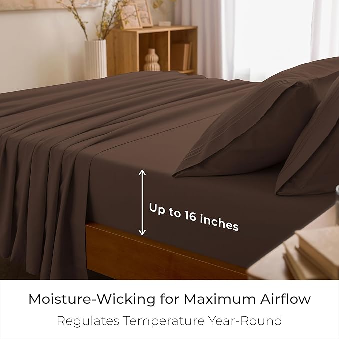 Mellanni King Sheet Set - 6-Piece Iconic Collection Bedding, (Including 4 Pillowcases), 16-Inch Deep Pocket, Easy Care, Extra Soft, Cooling Sheets, Brushed Microfiber - Brown