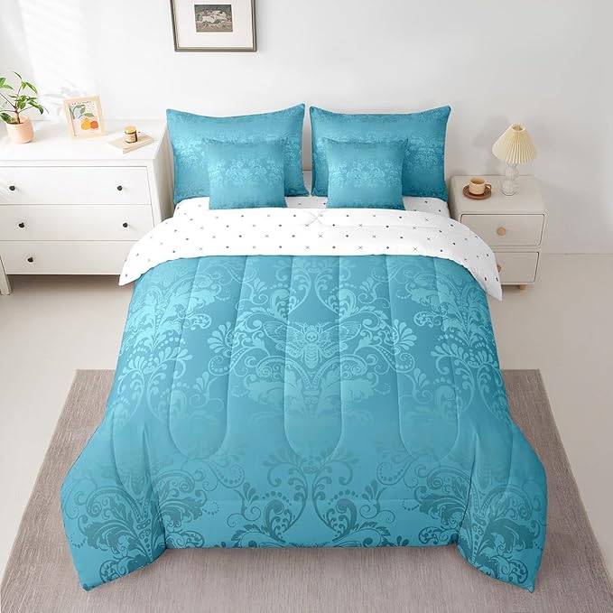 Erosebridal Gothic Damask Bed in a Bag King Size Comforter Set 7 Pieces,Exotic Moth Bedding Sets Teal Victorian Floral Goth Sheet Set with Comforter