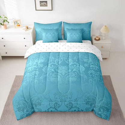Erosebridal Gothic Damask Bed in a Bag King Size Comforter Set 7 Pieces,Exotic Moth Bedding Sets Teal Victorian Floral Goth Sheet Set with Comforter