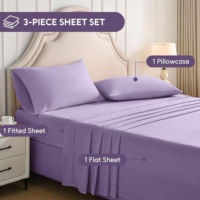 Twin Sheets Set, 3 Pieces Hotel Luxury Soft Microfiber Bed Sheets Set, Up to 16" Deep Pockets, Oeko-Tex Sheets with Elastic, Breathable, Wrinkle Free (Purple, Twin)