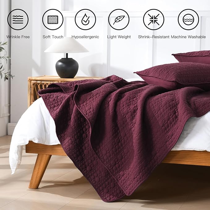 HORIMOTE HOME Burgundy Quilt Set Queen Size, Lightweight Soft Pre-Washed Microfiber Circle Pattern Bedspread Coverlet, 3 Pieces Quilt Bedding Set with Pillow Shams for All Season, 90x96 inches