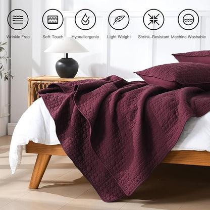 HORIMOTE HOME Burgundy Quilt Set Queen Size, Lightweight Soft Pre-Washed Microfiber Circle Pattern Bedspread Coverlet, 3 Pieces Quilt Bedding Set with Pillow Shams for All Season, 90x96 inches