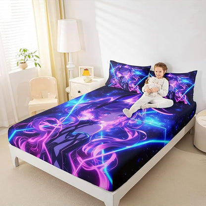 Erosebridal 3D Anime Queen Bed Sheets Japanese Girl Fitted Sheet,Girly Galaxy Stars Kids Bedding Sets Purple Neon Sheets with 2 Pillowcases