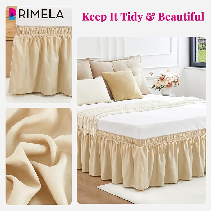 RIMELA Oatmeal Bed Skirt King Size 15 Inch Drop, Elastic Bed Skirting for Bed Base and Frame, Bedding Dust Ruffle Easy to Install, Lightweight Wrap Around Adjustable Bedskirt