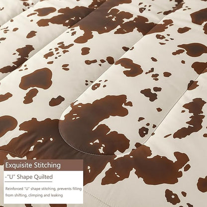 PERFEMET Brown and Beige Cow Print Bedding Set 3 Pieces Cartoon Cowhide Twin Comforter Set for Kids Teens Boys Girls Farmhouse Style Western Highland Bed Sets (Beige,Twin)