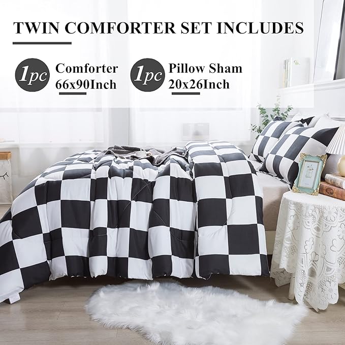 Andency Checkered Comforter Twin(66x90Inch), Black White Plaid Gingham Bed Set for Teen Boys Kids, Lightweight Polyester Geometric Preppy Bedding, 2 Pieces