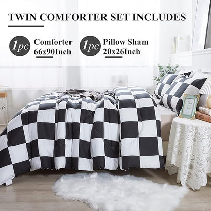 Andency Checkered Comforter Twin(66x90Inch), Black White Plaid Gingham Bed Set for Teen Boys Kids, Lightweight Polyester Geometric Preppy Bedding, 2 Pieces