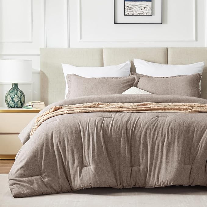 CozyLux King Size Comforter Set, 3 Pieces Khaki Soft Luxury Cationic Dyeing Comforter King Size Bedding Set, Breathable Lightweight Fluffy Bed Sets with 1 Down Alternative Comforter and 2 Pillow Shams