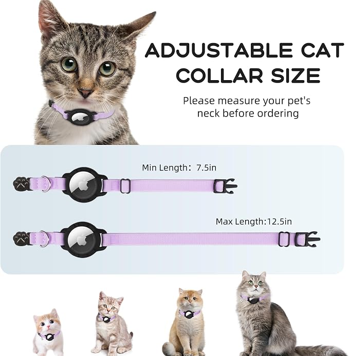 AirTag Cat Collars, Stretchy Collar with Air Tag Holder and Bell | Breakaway - Ultra Design Elastic - GPS Tracking Collars - Adjustable Size for Cats & Puppies 7.5-12.5" - (Purple)