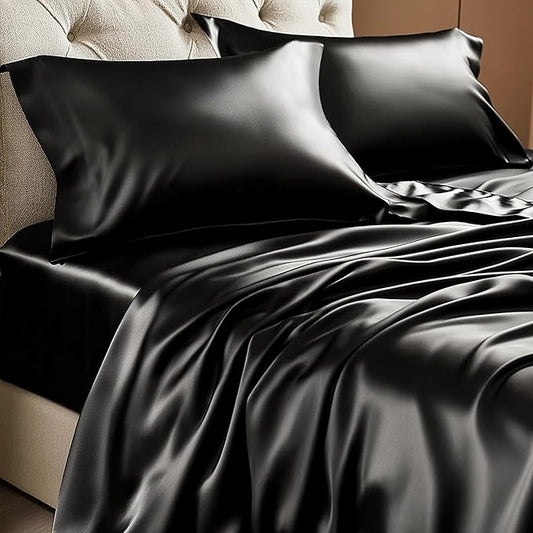 BEDELITE Satin Sheets Full XL Size Bed Set, Luxury Soft Black Silky Sheets for Hair and Skin, Similar to Silk Bed Sheets Set 4 Pieces with 1 Deep Pocket Fitted Sheet, 1 Flat Sheet, 2 Pillowcases