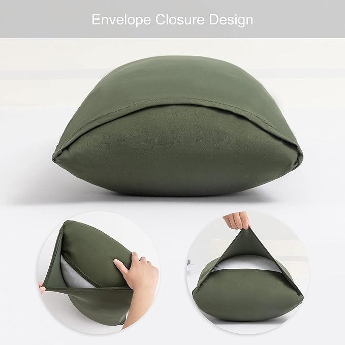 2-Pack Stretch Pillow Cases - Jersey Knit & Envelope Closure Pillowcases with Ultra Soft T-Shirt Like Polyester Blend - Suitable for Queen or Standard Size Set of 2, Dark Olive