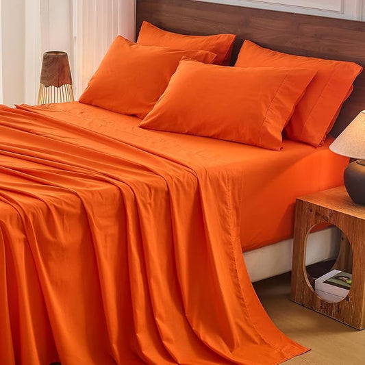 Bedlifes 100% French Flax Linen Sheets Set Queen Size - 6 Piece Extra Deep Pocket 18-24",Soft Breathable Queen Bed Sheets with Temperature Regulating & Moisture-Wicking(Orange