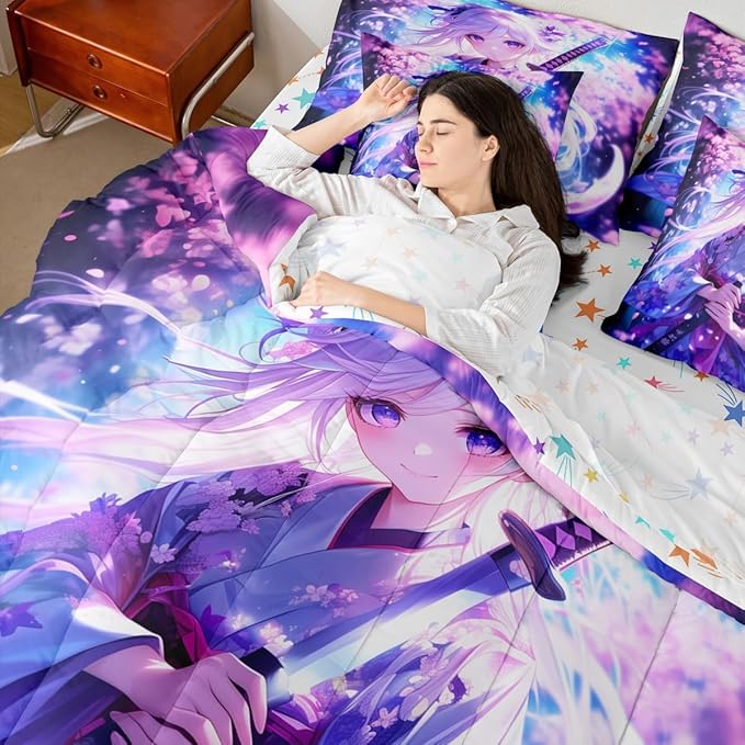 Erosebridal 7 Piece Anime Girl Queen Comforter Sets for Kids, Kawaii Japanese Anime Bedding Set Cartoon Girl Bed in A Bag Sci Fi Style Japanese Animation Sheet Set for Kids Girls Teens Bedroom
