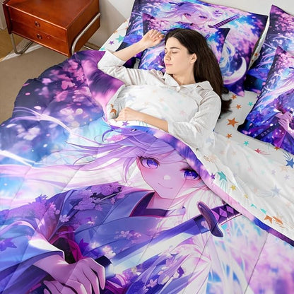 Erosebridal 7 Piece Anime Girl Twin Comforter Sets for Kids, Kawaii Japanese Anime Bedding Set Cartoon Girl Bed in A Bag Sci Fi Style Japanese Animation Sheet Set for Kids Girls Teens Bedroom