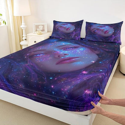 Erosebridal 3D Japanese Girl Fitted Sheet with Glitter Stars Decorations Galaxy Bed Sheets Full Size 3 Pieces Anime Decor Bedding Set, Fashion Anime Gifts for Girls Sheets with 2 Pillowcases