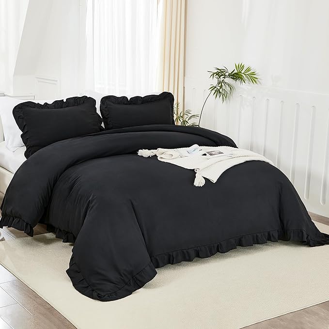 Litanika Black Queen Comforter Set, 3 Pieces Ruffle Farmhouse Aesthetic Bedding Comforter Set, All Season Soft Lightweight Fluffy Microfiber Bed Set(90x90In Comforter, 2 Pillowcases)