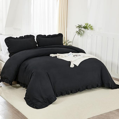 Litanika Black Queen Comforter Set, 3 Pieces Ruffle Farmhouse Aesthetic Bedding Comforter Set, All Season Soft Lightweight Fluffy Microfiber Bed Set(90x90In Comforter, 2 Pillowcases)