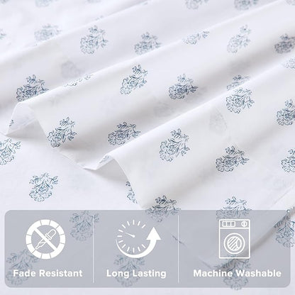 Comfort Spaces 100% Cotton Sheets Full, Breathable, Naturally Cool Cotton Sheets, Soft Cotton Bed Sheets with 14" Elastic Pocket Fits up to 16" Mattress, All Seasons Sheet Set, Floral Blue 4 Piece