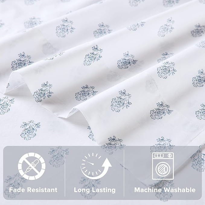 Comfort Spaces 100% Cotton Sheets Twin XL, Breathable, Naturally Cool Cotton Sheets, Soft Cotton Bed Sheets with 12" Elastic Pocket Fits up to 14" Mattress, All Seasons Sheet Set, Floral Blue 3 Piece