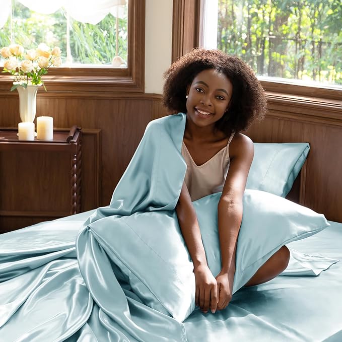 CozyLux Satin Sheets Full Size Sheets - 4 Piece Silky Full Size Bed Sheets, Luxury Light Blue Full Bed Set with Smooth and Soft Microfiber, Includes 1 Fitted Sheet, 1 Flat Sheet and 2 Pillowcases