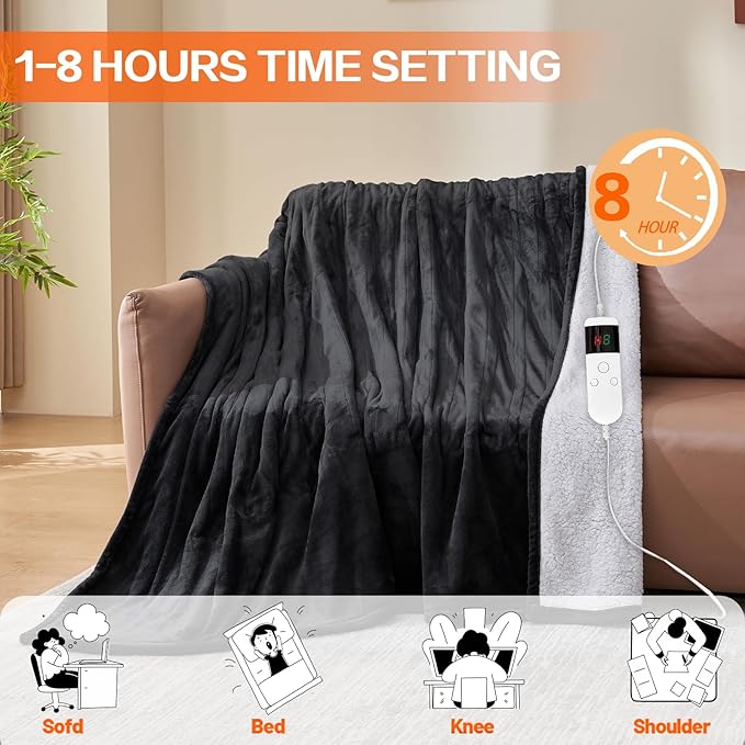 Electric Heated Blanket Queen Size 84''x90'' - Dual-Control Heating Blanket, Soft & Warm Flannel 10-Level Temperature Control, 8 Hours Auto Off, Rapid Heating & Overheat Protection