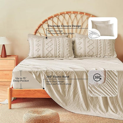 MR&HM Tufted Boho Comforter Set California King, Linen Farmhouse Bedding Set, Bed in a Bag Set 7 Pieces with 1 Comforter, 2 Pillow Shams, 2 Pillowcases, 1 Flat Sheet, 1 Fitted Sheet for All Seasons