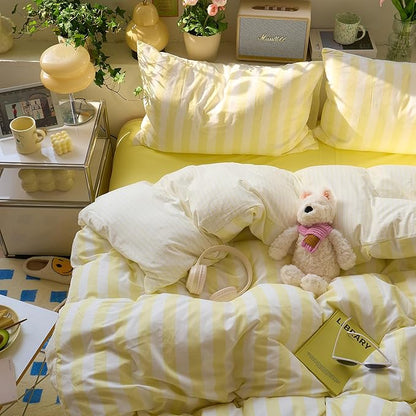 Yellow Striped Twin XL Duvet Cover Set Cute Soft Comforter Cover Twin XL Boho Chic Washed Microfiber Farmhouse Duvet Cover with Corner Ties College Dorm Bedding Set for Girls Duvet Protector