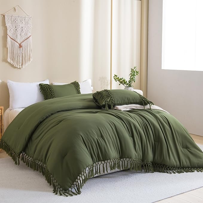 Andency Olive Green Comforter Set King, 3 Pieces Boho Tassel Lightweight Soft Bedding Comforter Sets for King Bed, All Season Fluffy Fringe Bed Set (104x90In Comforter & 2 Pillowcases)