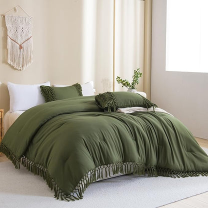 Andency Olive Green Comforter Set King, 3 Pieces Boho Tassel Lightweight Soft Bedding Comforter Sets for King Bed, All Season Fluffy Fringe Bed Set (104x90In Comforter & 2 Pillowcases)