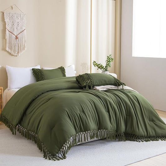 Andency Olive Green Comforter Set King, 3 Pieces Boho Tassel Lightweight Soft Bedding Comforter Sets for King Bed, All Season Fluffy Fringe Bed Set (104x90In Comforter & 2 Pillowcases)