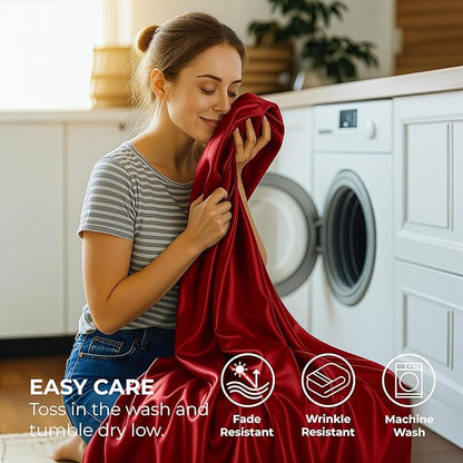 Satin Sheets Twin [3-Piece, Burgundy] Hotel Luxury Silky Bed Sheets - Extra Soft 1800 Microfiber Sheet Set, Wrinkle, Fade, Stain Resistant - Deep Pocket Fitted Sheet, Flat Sheet, Pillow Cases