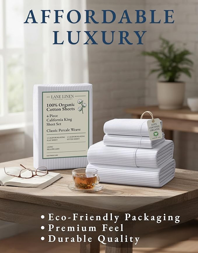 LANE LINEN 100% Organic Cotton Printed California King Sheets Set, 4-Piece All Season Fully Elasticized Deep Pocket Fits Mattress Upto 15", Mercerized Printed Cal King Sheet Set -Ticking Stripe Blue